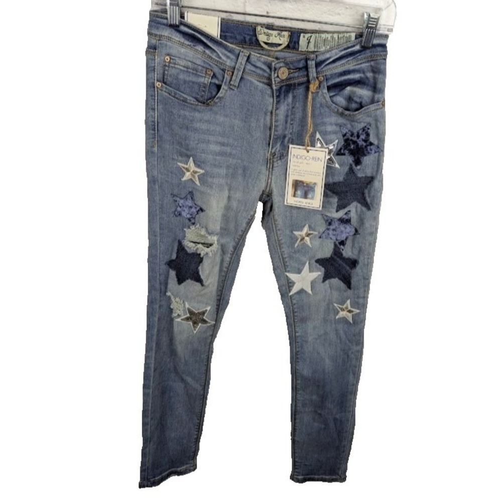 Indigo Rein Juniors' Star-Patch Ripped Skinny Jeans Size 7 Mid Rise Ankle